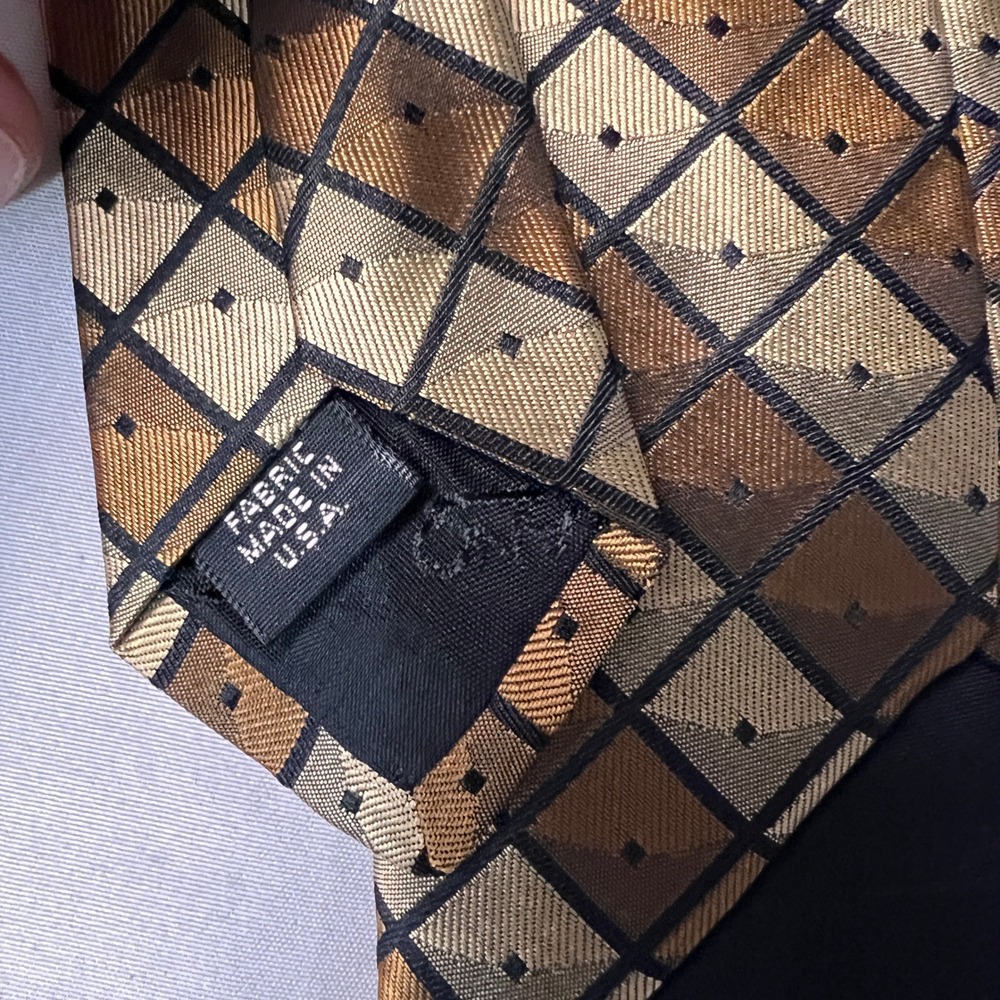 Murano Mens Silk Necktie Gold Bronze‎ Brown Geometric Diamond Pattern USA Made
